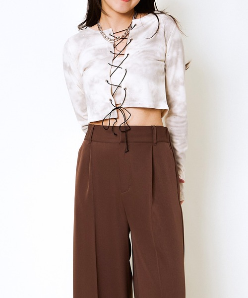 セール】《編み上げ×ラメアクセント》レディース クロップドトップス