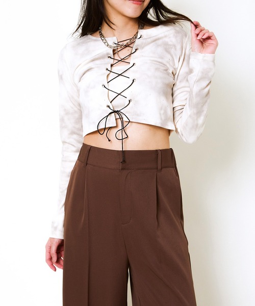 GORGE（ゴージ）の「《編み上げ×ラメアクセント》レディース クロップドトップス Y2K風 春秋冬（Tシャツ/カットソー・レディース・アイボリー/ブラック/グレー・F）」の9枚目の写真