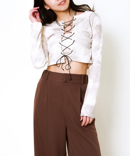 セール】《編み上げ×ラメアクセント》レディース クロップドトップス