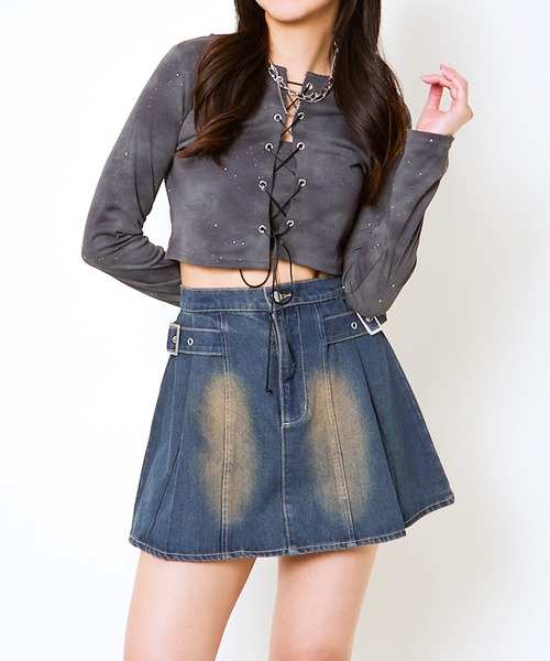 GORGE（ゴージ）の「《編み上げ×ラメアクセント》レディース クロップドトップス Y2K風 春秋冬（Tシャツ/カットソー・レディース・アイボリー/ブラック/グレー・F）」の14枚目の写真