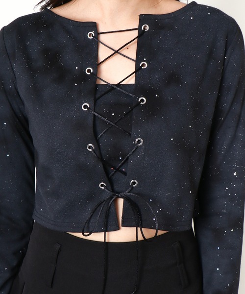 セール】《編み上げ×ラメアクセント》レディース クロップドトップス