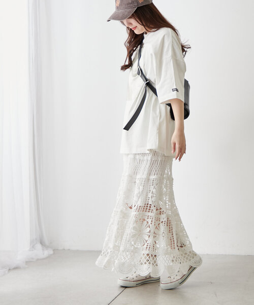 continuer de NICE CLAUP（コンティニューデナイスクラップ）の「【清涼感抜群◎】カギ針ロングスカート（スカート・レディース・アイボリー/オフホワイト・FREE）」の4枚目の写真