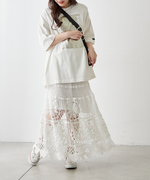 continuer de NICE CLAUP（コンティニューデナイスクラップ）の「【清涼感抜群◎】カギ針ロングスカート（スカート・レディース・アイボリー/オフホワイト・FREE）」の5枚目の写真