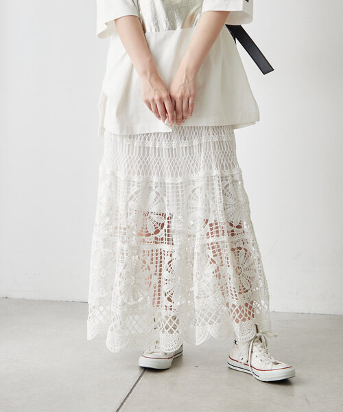 continuer de NICE CLAUP（コンティニューデナイスクラップ）の「【清涼感抜群◎】カギ針ロングスカート（スカート・レディース・アイボリー/オフホワイト・FREE）」の6枚目の写真