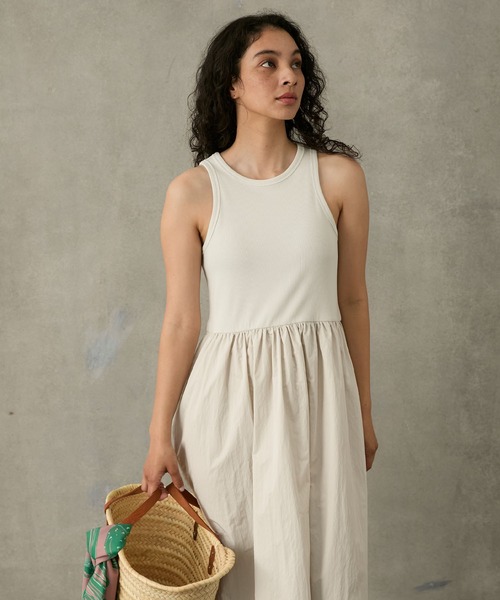 セール】Mixed-material sleeveless long one-piece / 異素材