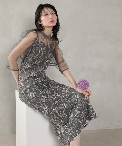 Kana(カナ)の「チュールボレロ 花柄刺繍キャミワンピース 2点セット パーティー ドレス 結婚式 お呼ばれ オケージョン(ドレス・レディース・チャコールグレー/イエロー/ブラウン・M)」の10枚目の写真