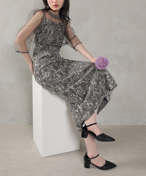 Kana(カナ)の「チュールボレロ 花柄刺繍キャミワンピース 2点セット パーティー ドレス 結婚式 お呼ばれ オケージョン(ドレス・レディース・チャコールグレー/イエロー/ブラウン・M)」の9枚目の写真