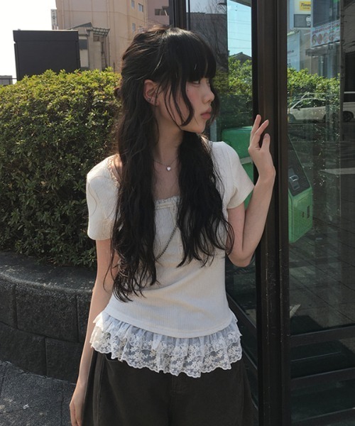 ネイビー レースフリル Tシャツ osharewalker レディース 春夏 トップス Tシャツ シャツ