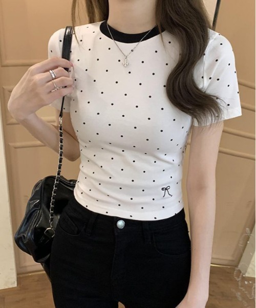 WEGO(ウィゴー)の「WEGO/ドット柄リンガーTシャツ(Tシャツ/カットソー・レディース・ホワイト/ブラック・MEDIUM/SMALL)」の1枚目の写真