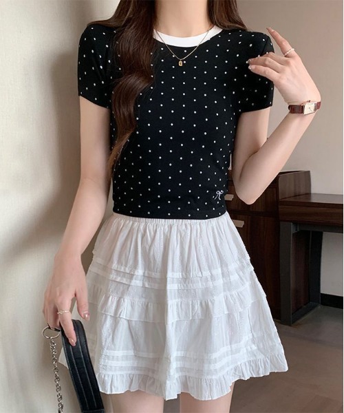 WEGO(ウィゴー)の「WEGO/ドット柄リンガーTシャツ(Tシャツ/カットソー・レディース・ホワイト/ブラック・MEDIUM/SMALL)」の2枚目の写真