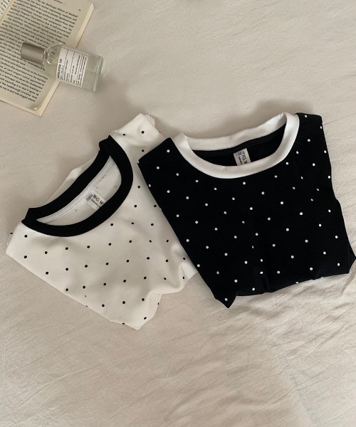 WEGO(ウィゴー)の「WEGO/ドット柄リンガーTシャツ(Tシャツ/カットソー・レディース・ホワイト/ブラック・MEDIUM/SMALL)」の3枚目の写真