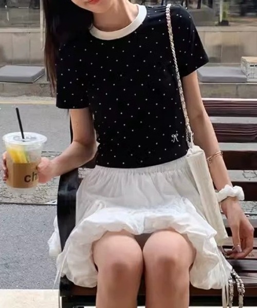 WEGO(ウィゴー)の「WEGO/ドット柄リンガーTシャツ(Tシャツ/カットソー・レディース・ホワイト/ブラック・MEDIUM/SMALL)」の8枚目の写真