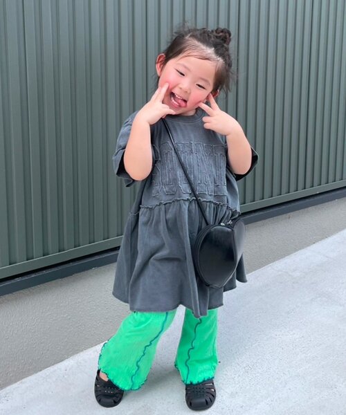 KIDS】ピグメントパフスリーブチュニック風ミニワンピ
