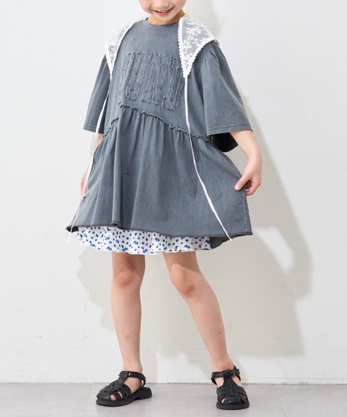 CIAOPANIC TYPY(チャオパニックティピー)の「【KIDS】ピグメントパフスリーブチュニック風ミニワンピ(ワンピース・キッズ・アイボリー/チャコールグレー/グレー/ブルー/レッド・SMALL/MEDIUM/LARGE/X-LARGE/XX-LARGE)」の1枚目の写真