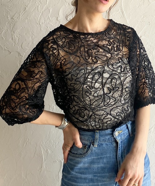 セール】パフスリーブ半袖ショート丈コード刺繍レースシアー
