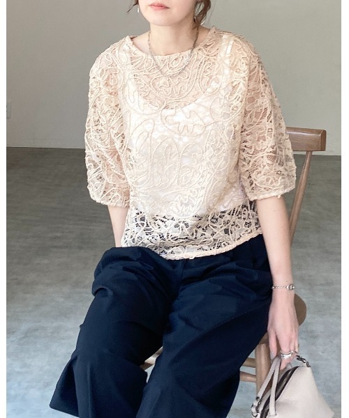 セール】パフスリーブ半袖ショート丈コード刺繍レースシアー