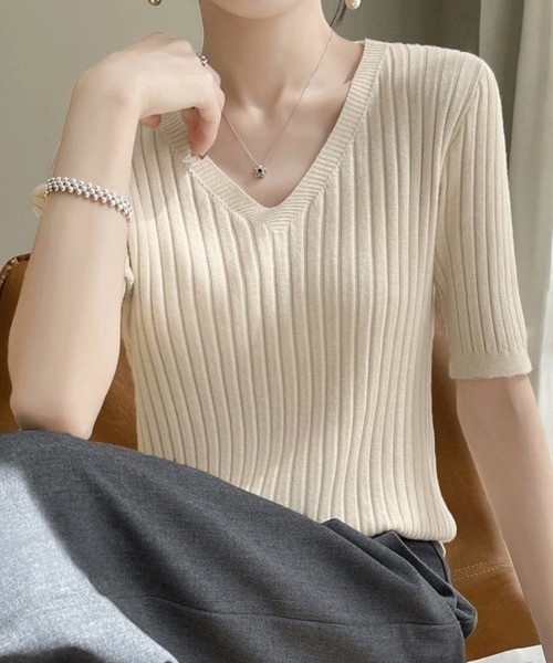 Beststore（ベストストア）の「トップス サマーニット ニットソー半袖（ニット/セーター・レディース・ベージュ/イエロー/ネイビー/ダークグレー/パープル/オレンジ/グリーン系その他/ホワイト/ピンク/キャメル/レッド/ライトベージュ/ブラック/ダークオリーブ/ローズ/ブルー/ダークグリーン・FREE）」の6枚目の写真