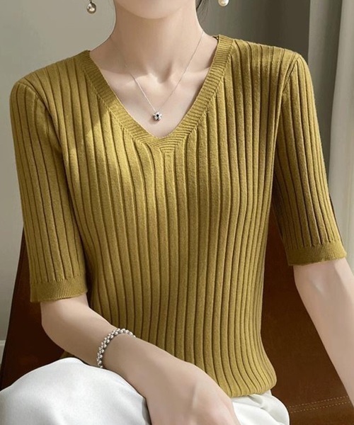 Beststore（ベストストア）の「トップス サマーニット ニットソー半袖（ニット/セーター・レディース・ベージュ/イエロー/ネイビー/ダークグレー/パープル/オレンジ/グリーン系その他/ホワイト/ピンク/キャメル/レッド/ライトベージュ/ブラック/ダークオリーブ/ローズ/ブルー/ダークグリーン・FREE）」の2枚目の写真
