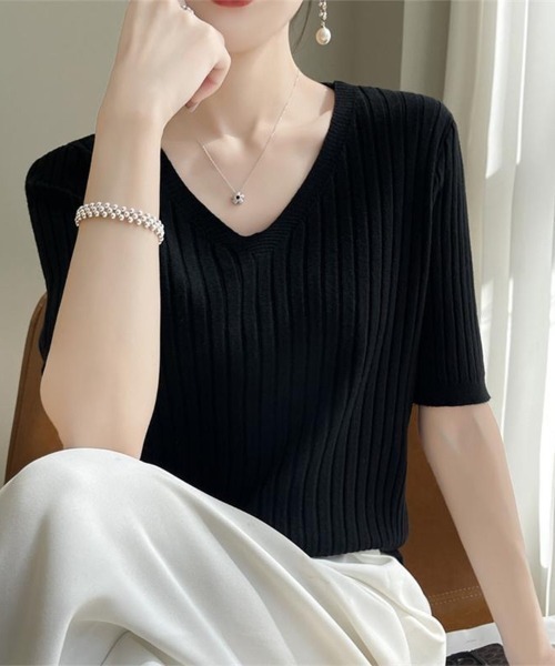 Beststore（ベストストア）の「トップス サマーニット ニットソー半袖（ニット/セーター・レディース・ベージュ/イエロー/ネイビー/ダークグレー/パープル/オレンジ/グリーン系その他/ホワイト/ピンク/キャメル/レッド/ライトベージュ/ブラック/ダークオリーブ/ローズ/ブルー/ダークグリーン・FREE）」の4枚目の写真