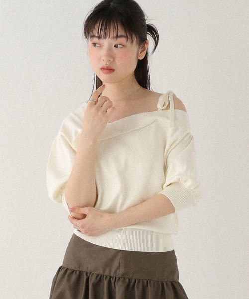 Heather（ヘザー）の「ワンショルリボン半袖ニット　576437（ニット/セーター・レディース・ブラック/グレー/アイボリー・FREE）」の9枚目の写真