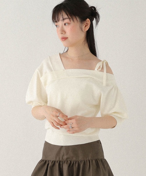 Heather（ヘザー）の「ワンショルリボン半袖ニット　576437（ニット/セーター・レディース・ブラック/グレー/アイボリー・FREE）」の8枚目の写真