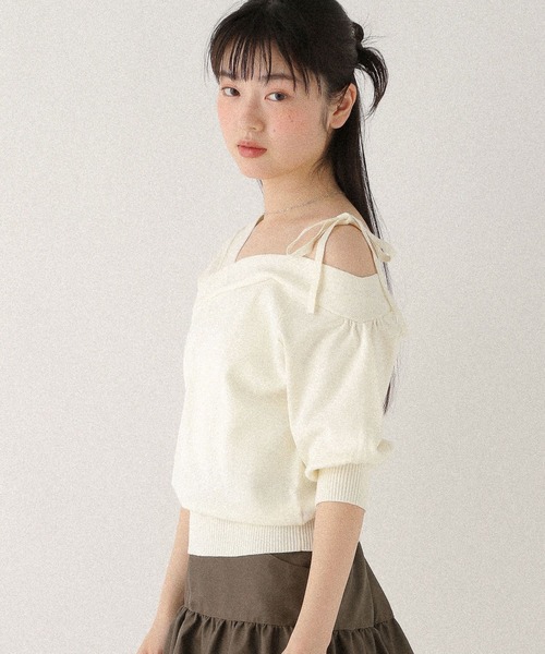 Heather（ヘザー）の「ワンショルリボン半袖ニット　576437（ニット/セーター・レディース・ブラック/グレー/アイボリー・FREE）」の7枚目の写真