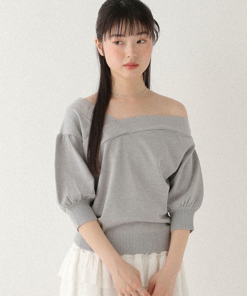 Heather（ヘザー）の「ワンショルリボン半袖ニット　576437（ニット/セーター・レディース・ブラック/グレー/アイボリー・FREE）」の14枚目の写真