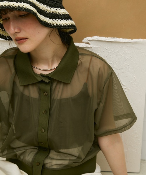 Lutim by u（ルチバイユー）の「Sheer tulle polo cardigan / シアーチュールポロカーディガン（カーディガン/ボレロ・レディース・カーキ/ブラック/ナチュラル・FREE）」の2枚目の写真