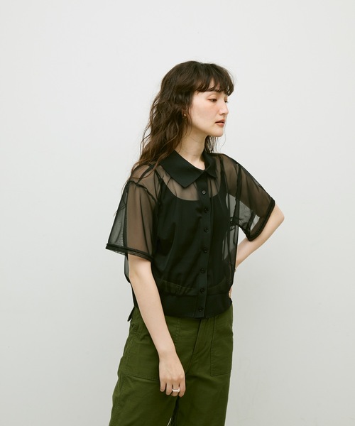 Lutim by u（ルチバイユー）の「Sheer tulle polo cardigan / シアーチュールポロカーディガン（カーディガン/ボレロ・レディース・カーキ/ブラック/ナチュラル・FREE）」の10枚目の写真
