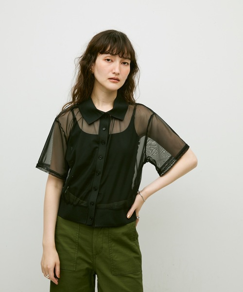 Lutim by u（ルチバイユー）の「Sheer tulle polo cardigan / シアーチュールポロカーディガン（カーディガン/ボレロ・レディース・カーキ/ブラック/ナチュラル・FREE）」の4枚目の写真