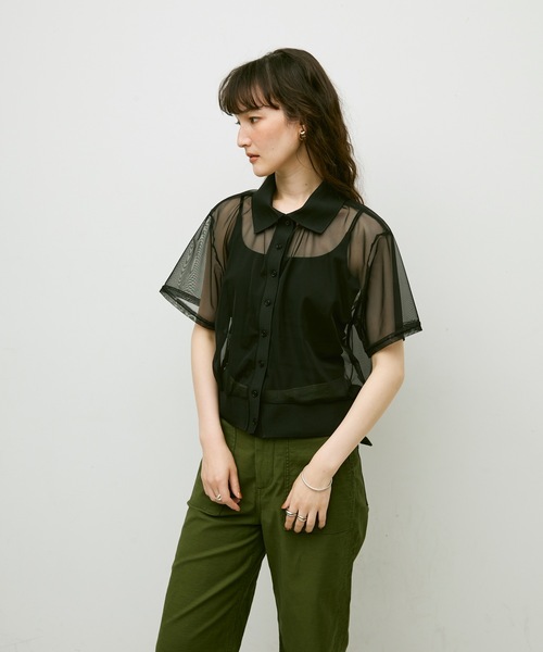 Lutim by u（ルチバイユー）の「Sheer tulle polo cardigan / シアーチュールポロカーディガン（カーディガン/ボレロ・レディース・カーキ/ブラック/ナチュラル・FREE）」の12枚目の写真