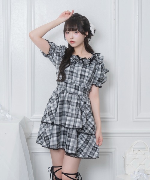 【新品未使用】ハニシナ ベロアリボンスクエアネックワンピース ブラックミックス 新品未使用】ハニシナ ベロアリボンスクエアネックワンピース