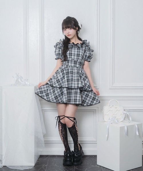 Honey Cinnamon（ハニーシナモン）の「ベロアリボンスクエアネックワンピース（ワンピース・レディース・ブラックミックス/チェック・FREE）」の6枚目の写真