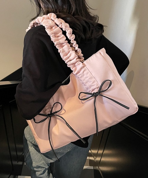 Lace Ladies(レースレディース)の「くしゅ ハンドル リボン付き スクエア トートバッグ(トートバッグ・レディース・グレー/ブラック/ホワイト/ピンク・FREE)」の4枚目の写真