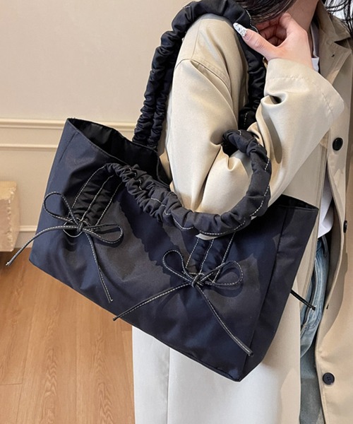 Lace Ladies(レースレディース)の「くしゅ ハンドル リボン付き スクエア トートバッグ(トートバッグ・レディース・グレー/ブラック/ホワイト/ピンク・FREE)」の10枚目の写真