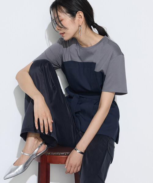 K.T KIYOKO TAKASE（キヨコタカセ）の「コンパクトクールローレル天竺 ビスチェレイヤード風カットソー（Tシャツ/カットソー・レディース・ネイビー/グレー×ホワイト/カーキ・9号）」の14枚目の写真