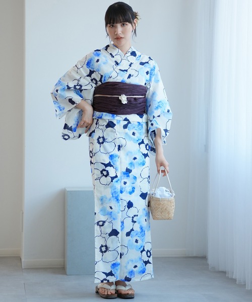 utatane ウタタネ　花柄浴衣・青帯セット 浴衣2点セット 白地に紺と青のぼかし椿（浴衣）｜utatane