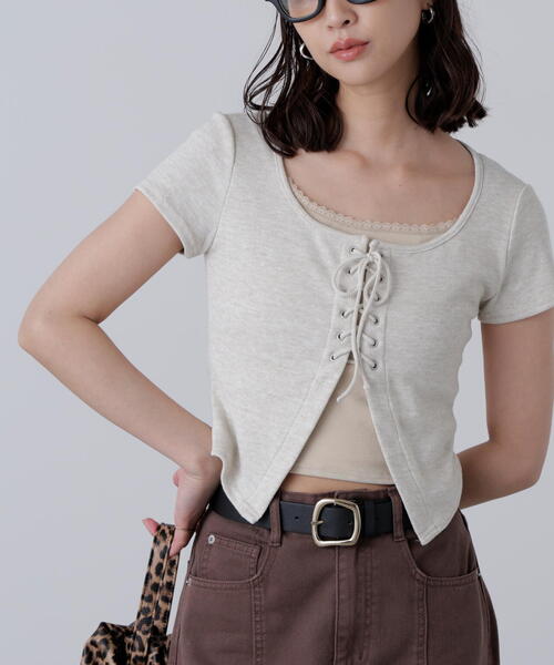 FREE'S MART（フリーズマート）の「◆レースアップレイヤードカットソー（Tシャツ/カットソー・レディース・ベージュ/ブラック/グレー・FREE）」の3枚目の写真