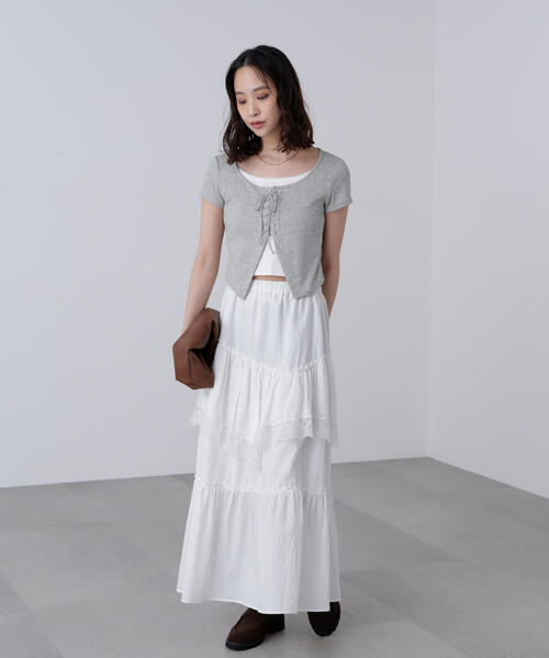 FREE'S MART（フリーズマート）の「◆レースアップレイヤードカットソー（Tシャツ/カットソー・レディース・ベージュ/ブラック/グレー・FREE）」の4枚目の写真