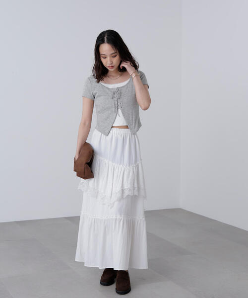 FREE'S MART（フリーズマート）の「◆レースアップレイヤードカットソー（Tシャツ/カットソー・レディース・ベージュ/ブラック/グレー・FREE）」の6枚目の写真