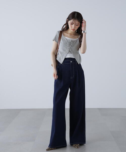 FREE'S MART（フリーズマート）の「◆レースアップレイヤードカットソー（Tシャツ/カットソー・レディース・ベージュ/ブラック/グレー・FREE）」の7枚目の写真