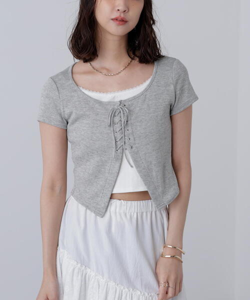 FREE'S MART（フリーズマート）の「◆レースアップレイヤードカットソー（Tシャツ/カットソー・レディース・ベージュ/ブラック/グレー・FREE）」の8枚目の写真