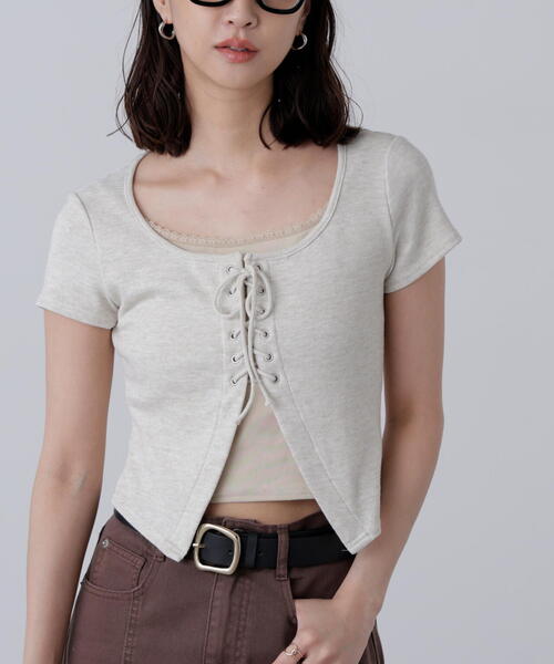 FREE'S MART（フリーズマート）の「◆レースアップレイヤードカットソー（Tシャツ/カットソー・レディース・ベージュ/ブラック/グレー・FREE）」の19枚目の写真