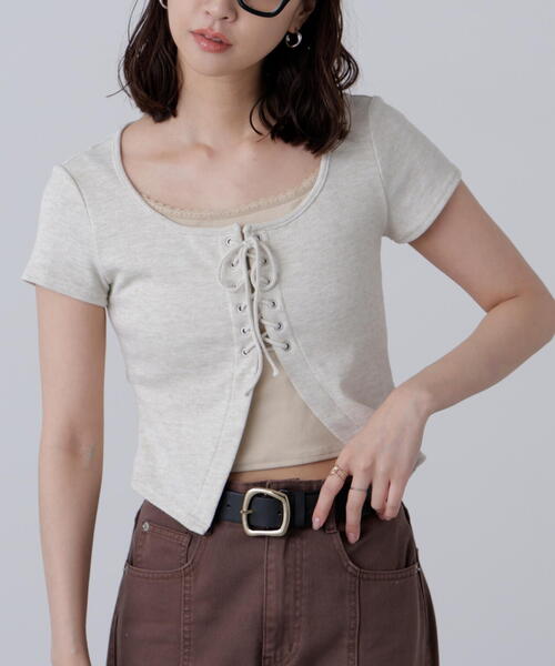 FREE'S MART（フリーズマート）の「◆レースアップレイヤードカットソー（Tシャツ/カットソー・レディース・ベージュ/ブラック/グレー・FREE）」の21枚目の写真