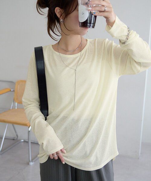 DISCOAT(ディスコート)の「【WEB限定】シアー裾ラウンドプルオーバー(Tシャツ/カットソー・レディース・オフホワイト/グレー/ブラック/アイボリー/モカ・FREE)」の1枚目の写真