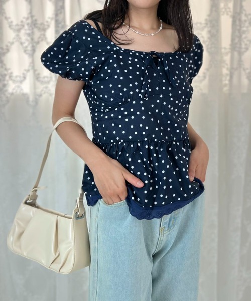 mebole(メボレ)の「Dot Frill Puff Top(Tシャツ/カットソー・レディース・ブルー・FREE)」の1枚目の写真
