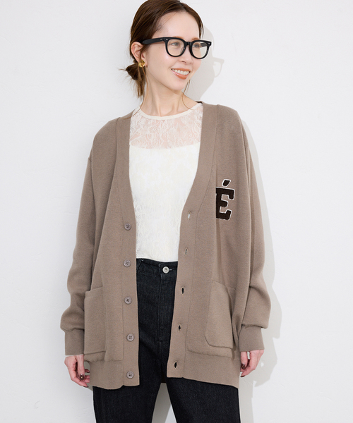 スローブイエナ　サガラ刺繍スウェットライクニットカーディガン　ベージュ SLOBE IENA｜《一部WEB限定カラーあり》サガラ刺繍スウェットライク