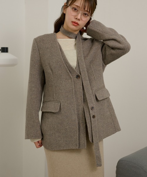 LAULEN(ローレン)の「cotton wool choker layered jacket /コットンウールチョーカーレイヤードジャケット(ノーカラージャケット・レディース・チャコールグレー/アイボリー/オートミール・FREE)」の1枚目の写真