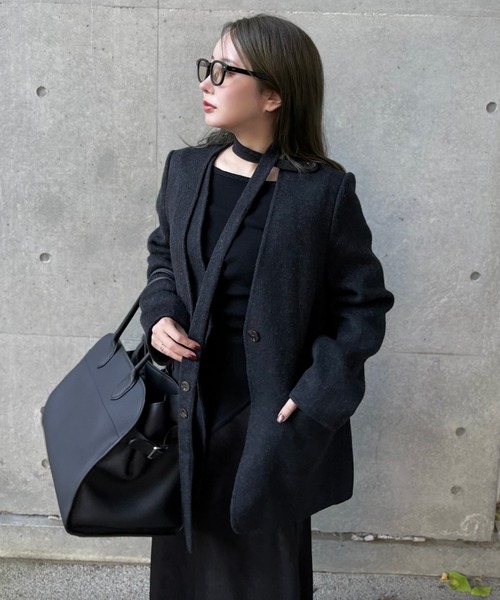 LAULEN(ローレン)の「cotton wool choker layered jacket /コットンウールチョーカーレイヤードジャケット(ノーカラージャケット・レディース・チャコールグレー/アイボリー/オートミール・FREE)」の3枚目の写真