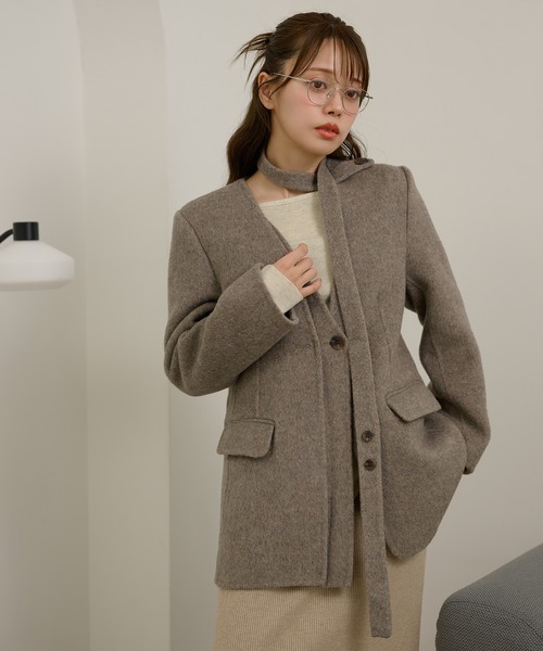 LAULEN(ローレン)の「cotton wool choker layered jacket /コットンウールチョーカーレイヤードジャケット(ノーカラージャケット・レディース・チャコールグレー/アイボリー/オートミール・FREE)」の22枚目の写真